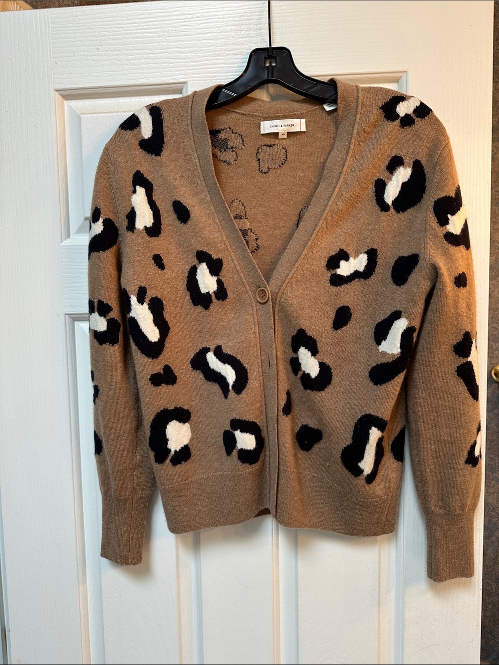 Chinti & Parker Leopard-Print V-Neck Cardigan in Camel, Black & White